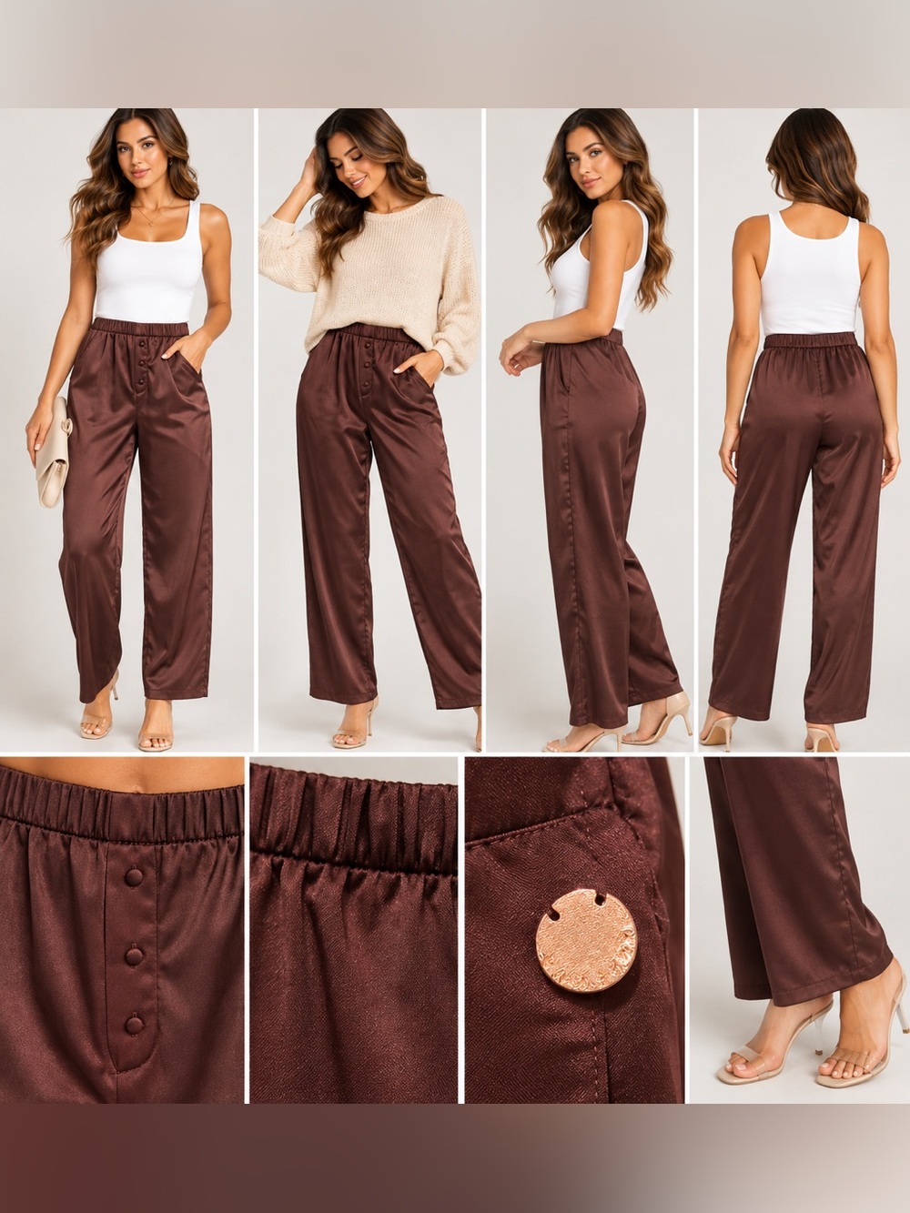 Danskin XL Brown Satin Pull-On Pants Elastic Waist NWT